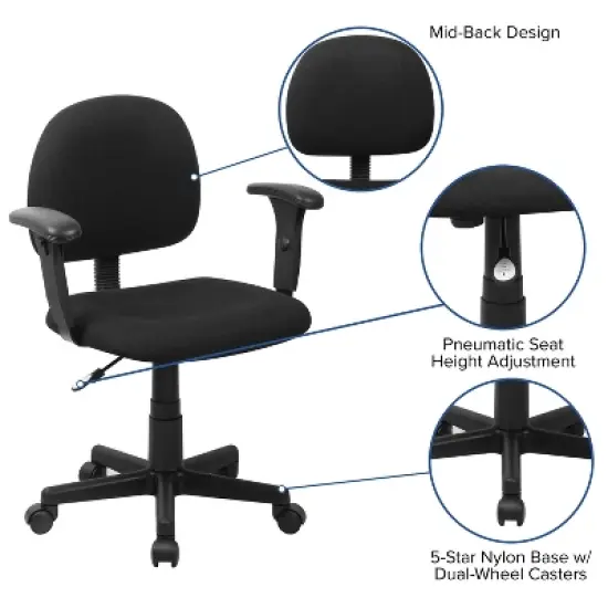 Flash Furniture Wayne Mid-Back Black Fabric Swivel Task Office Chair with Adjustable Arms image {2}