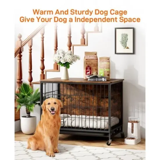 Dog Crate Furniture for Large Dogs - 38.6" Wooden Dog Kennel with Double Doors, Removable Tray, Wheels & Side End Table image {1}