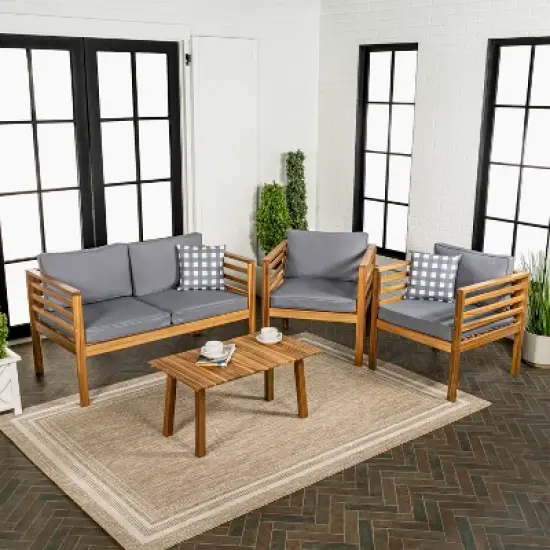 Thom 4-Piece Mid-Century Modern Acacia Wood Outdoor Patio Set with Cushions and Plaid Decorative Pillows - JONATHAN Y image {1}