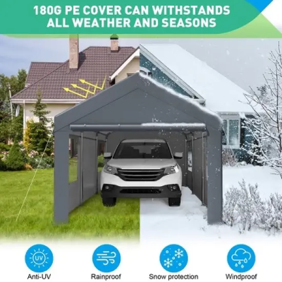 10x20FT Heavy Duty Carport, Portable Garage with Sidewalls, Doors and Ventilated Windows, UV Resistant and Waterproof, Carport Canopy, Gray image {3}