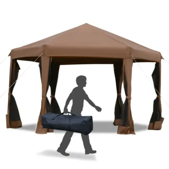 DSVIMOY 13'*11' Pop Up Gazebo, Hexagonal Canopy Shelter with 6 Zippered Mesh Netting for Garden, Wedding, Party, Beige, 150"*126"*104.4" image {4}