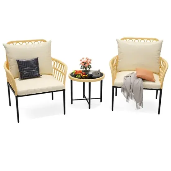 Bistro Set, All-Weather Wicker Patio Conversation Set, Outdoor Sectional Furniture Chairs with Coffee Table & Cushions image {3}