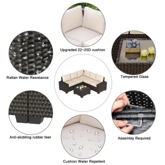 homfan Patio Furniture Sets 6 Pieces Outdoor All-Weather Sectional Patio Sofa Set Rattan Weaving Wicker Patio Conversation Couch Set with Glass Table image {4}