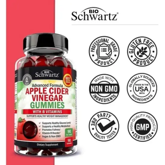 Apple Cider Vinegar Gummies with B Vitamins, Supports Healthy Weight Management, Detox Cleanse, Energy, Digestive & Immune Support, Bioschwartz, 90ct image {3}