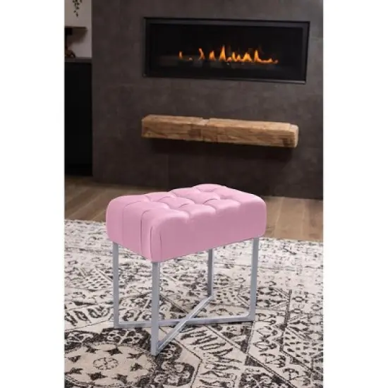 BirdRock Home Rectangular Tufted Pink Foot Stool Ottoman with Silver Legs image {3}