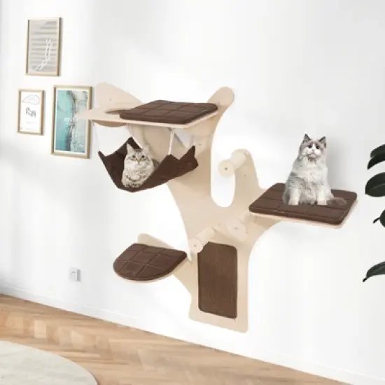 Tangkula Wall-Mounted Cat Tower w/ Perch Hammock Sisal Scratching Posts & Mat Cushions image {1}