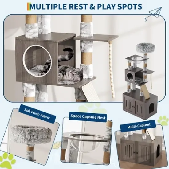 Cat Tree with Litter Box Enclosure, Hidden Washroom Litter Box Tree with Sisal Scratching Post and Soft Plush Perch, Cat Furniture with Platforms image {2}