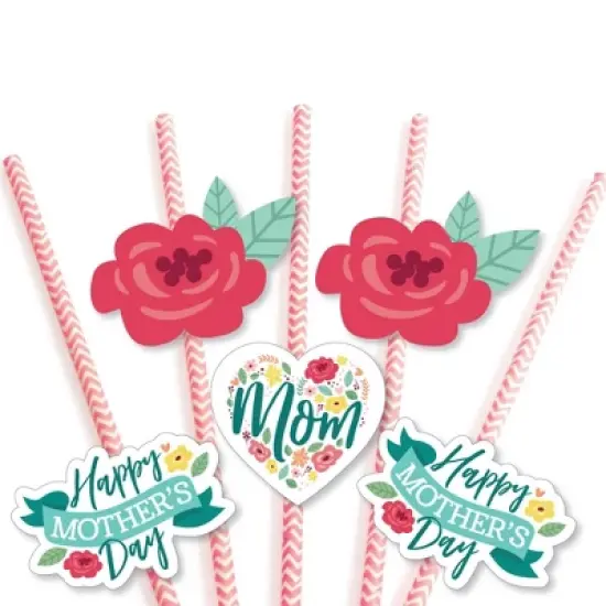 Big Dot of Happiness Colorful Floral Happy Mother's Day - Paper Straw Decor - We Love Mom Party Striped Decorative Straws - Set of 24 image {4}