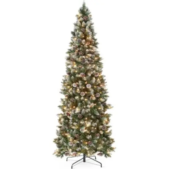 Frosted Pencil Christmas Tree with Warm White Lights, Pre-Lit Artificial Xmas Tree for Home or Party, Slim Holiday Tree Includes Sturdy Stand image {1}