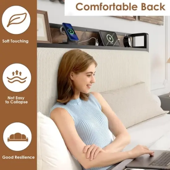 Twin Size Bed Frame with 2 Storage Drawers and Charging Station, Rustic Velvet Upholstered Platform Bedframe with Storage Headboard image {5}