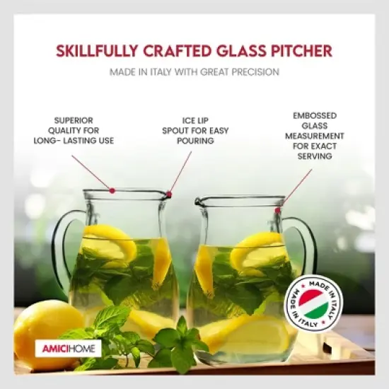 Amici Home Roxy Glass Party Pitcher with Handle & Spout - 17 Oz Clear Drink Jug for Lemonade, Iced Tea, Sangria, Cocktails, or Water - Italian Made image {3}