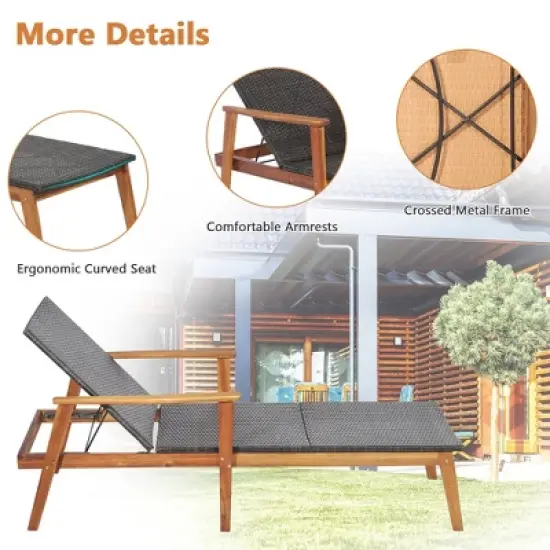 Tangkula Adjustable Patio Rattan Lounge Chair  Recliner Outdoor Chaise Acacia Wood Frame image {7}