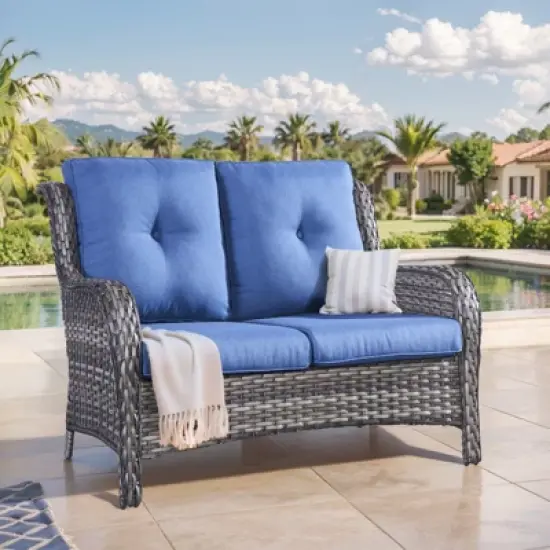 Buenhomino Outdoor Patio Couch Wicker Sofa Loveseat- 2 Seater Rattan Sofa for Outside Patio Garden with Deep Seating and Olefin Cushions image {10}