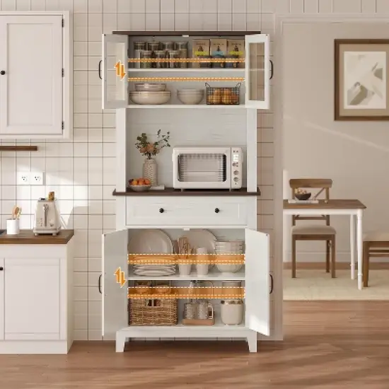 72" Tall Farmhouse Pantry Cabinet with Doors and Drawer, Adjustable Shelves Storage Hutch, Freestanding Kitchen Coffee Bar, White+Brown image {1}