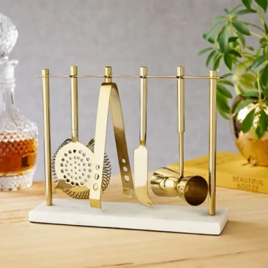 Twine Gold Barware Set, Hawthorne Strainer, Citrus Knife, Ice Tongs, Double Jigger, Marble Stand, Stainless Steel with Gold Finish, Set of 4 image {5}