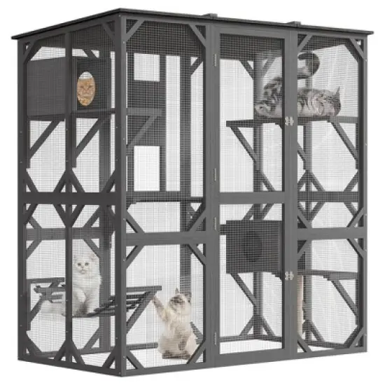 Jojoka 70 Inch Large Walk-in Outdoor Catio Cat Enclosure with Window Access, Roof, Resting Boxes, Hammock, Scratching Post, Grey image {7}