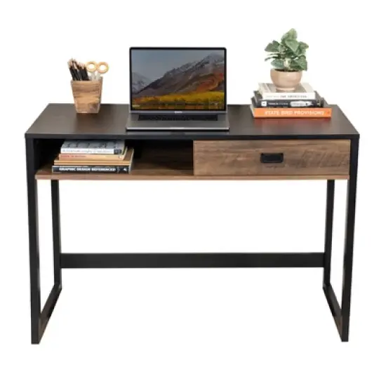 Oslo Contemporary Studio Workstation Desk with Drawer Black/Brown - Danya B. image {7}