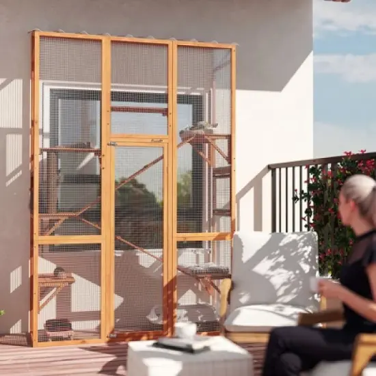 PawHut Outdoor Catio Cat Enclosure, Large Wooden Cat House with 6 Jumping Platforms, Scratching Post, 2 Ramps, Waterproof Roof, for 2-3 Kittens image {5}