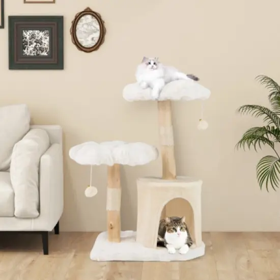 Costway 32 inch Cute Wood Cat Tree w/ Scratching Posts Pet Condo Furniture Activity Center image {3}
