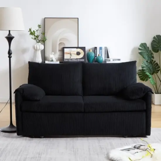 VASIP 64" 3-in-1 Beige Corduroy Sleeper Sofa Bed- Adjustable Pullout Bed with 2 Pillows and Side Pockets,for Living Room，Apartment，Office，Bedroom image {1}