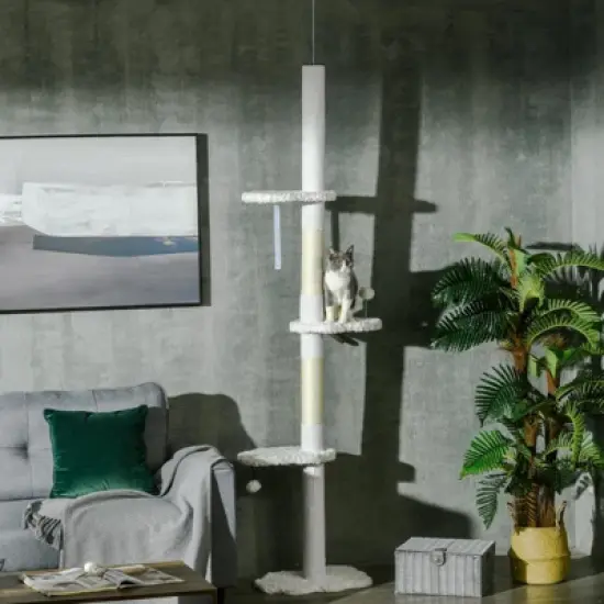 FURNIinspire Floor to Ceiling Cat Tree Scratching Posts, Cat Climbing Tower with Cloud Shape Platforms, Anti-toppling Device, White, 19"*12.5"*100.5" image {3}