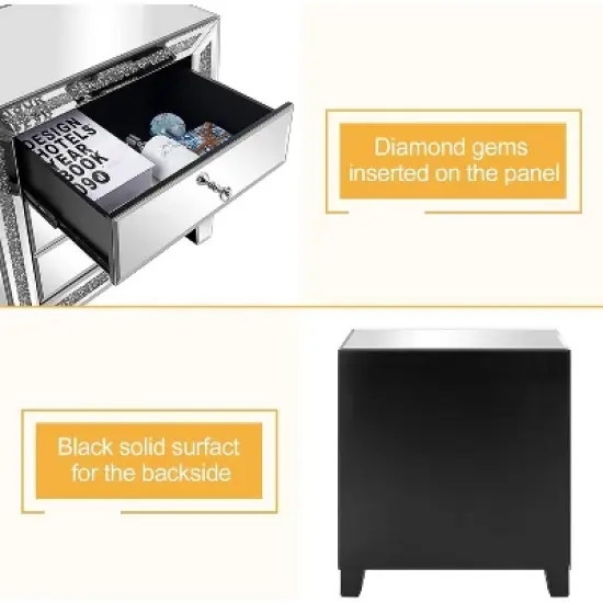 VINGLI Mirrored Nightstand Glass End Table, 23" W Silver Night Stand for Bedroom, Mirrored Bedside Table with Storage, Glass Mirror Nightstand image {7}