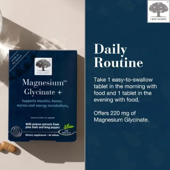 NEW NORDIC Magnesium Glycinate -220 mg Maximum Absorption Tablets with Pine Bark and Long Pepper - Gentle on Stomach for Women and Men image {4}