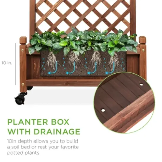 Best Choice Products 48in Mobile Wood Planter Box & Diamond Lattice Trellis, w/ Drainage Holes, Optional Wheels - Walnut image {2}