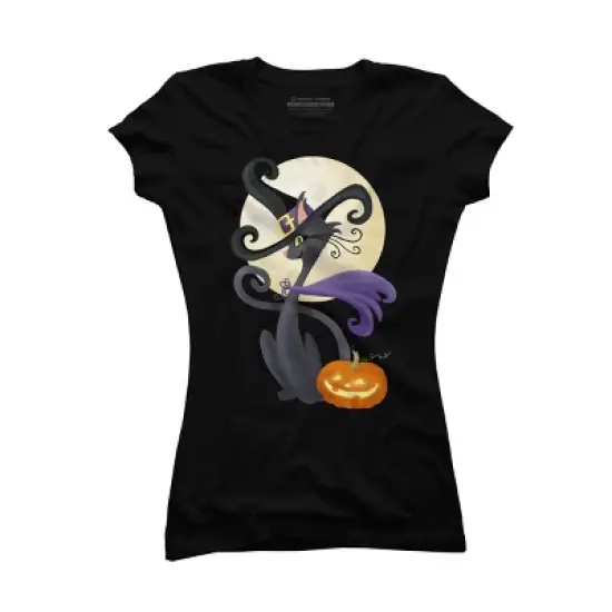 Junior's Design By Humans Bewitching Black Halloween Kitty Cat By LittleBunnySunshine T-Shirt image {3}