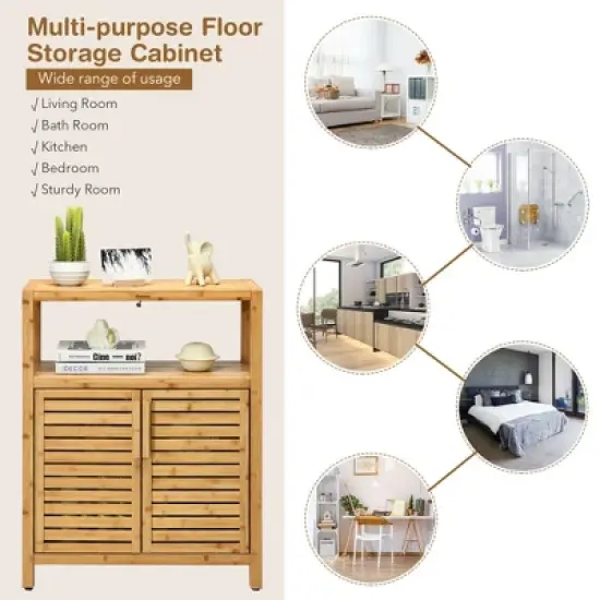 Costway Two-door Bamboo Bathroom Floor Cabinet Storage Organizer w/ Open Shelf image {3}