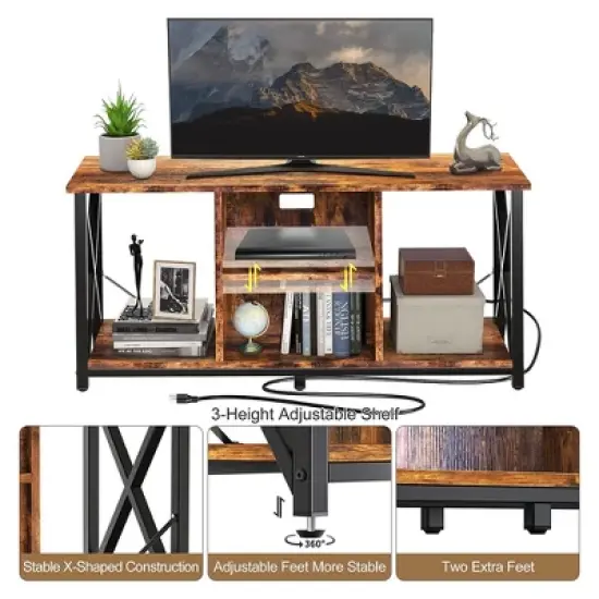 Fabato Wood TV Stand and Entertainment Center with Socket Plug-In Station, Height Adjustable Shelf, and Wire Threading Holes image {2}