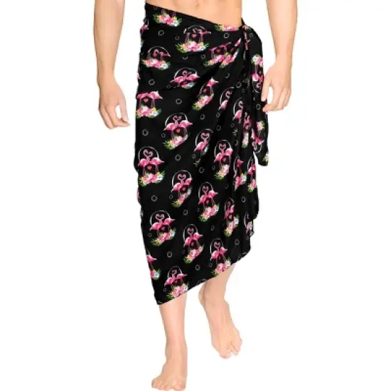 HAPPY BAY Men's Swimwear Cover Up Swim Wrap Beachwear Sarongs Beach Lava Lava Hawaiian Pareo Summer Long Sulu For Men One Size Black, flamingo image {1}