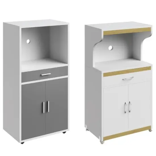Microwave Stand with Drawer &ndash; Rolling Storage Cabinet with Doors and Locking Wheels &ndash; Freestanding Kitchen Storage by Lavish Home (White and Gray) image {2}