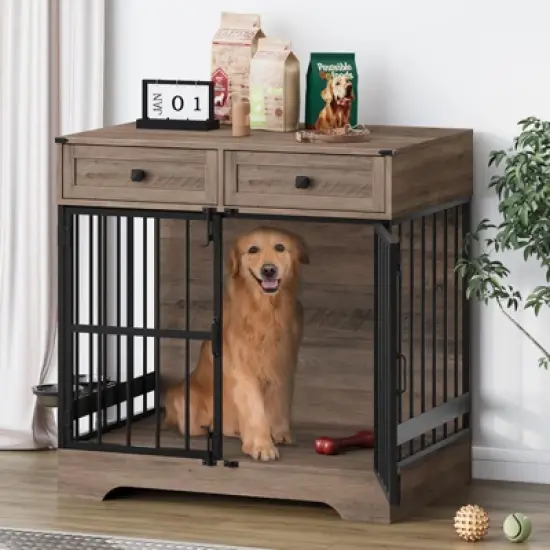 35"W Dog Kennel with Drawers, Pet Cage End Table with 2 Adjustable Bowls, Dog Crate Furniture, Brown image {7}