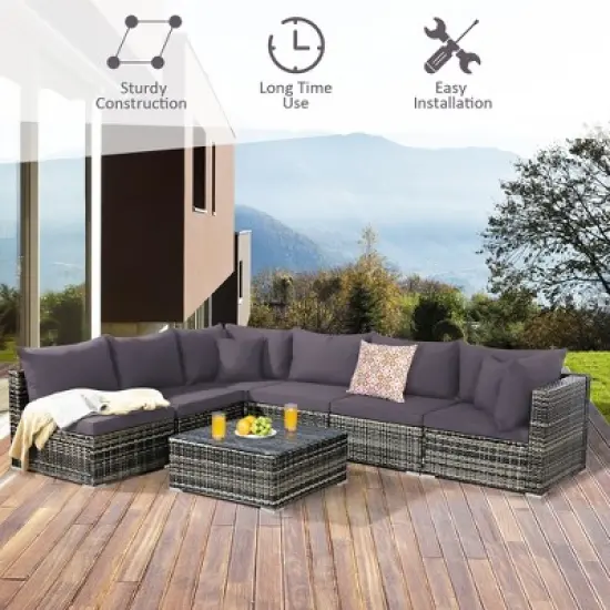 Costway 7PCS Patio Rattan Furniture Set Sectional Sofa Garden Gray Cushion image {4}
