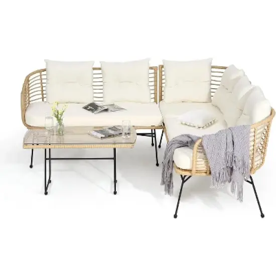 4-Piece PE Rattan Patio Set w/ Loveseat, Sofa & Coffee Table - Outdoor Conversation Set for Backyard image {10}