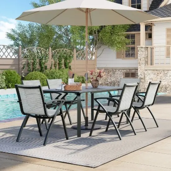 Outdoor Patio Dining Sets with Umbrella Hole, Outdoor Dining Set with 71" Aluminum table & Aluminum Sling Back Chair, Outdoor Patio Furniture Sets image {3}