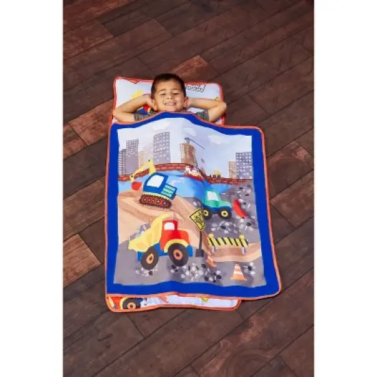 EVERYDAY KIDS Toddler Nap Mat &ndash;Under Construction&ndash; Soft Microfiber, Rollup with Handle & Pillow, for Preschool, Daycare, or Travel -Ages 2-6 years image {9}