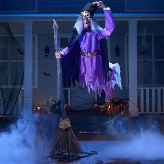 Joyfy 96'' Halloween Outdoor Decorations, Animated Flying Witch on Broom with Light Eyes and Scary Voice for Outside Yard Lawn Haunted House Decor image {9}