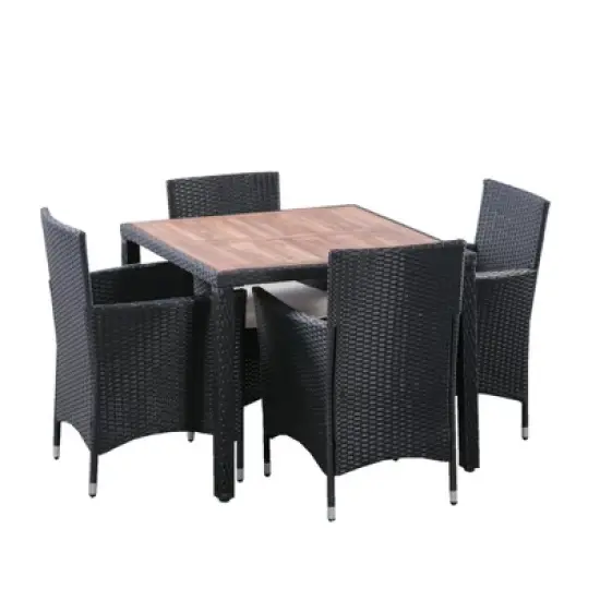 YOOCOZZ Outdoor Patio Weatherproof Wicker Rattan Dining Set with Acacia Wood Tabletop - Black+Cream image {8}