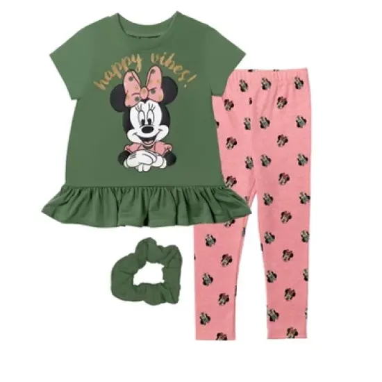 Disney Minnie Mouse Princess Frozen Little Mermaid T-Shirt Leggings and Scrunchie 3 Piece Outfit Set Infant to Big Kid image {13}
