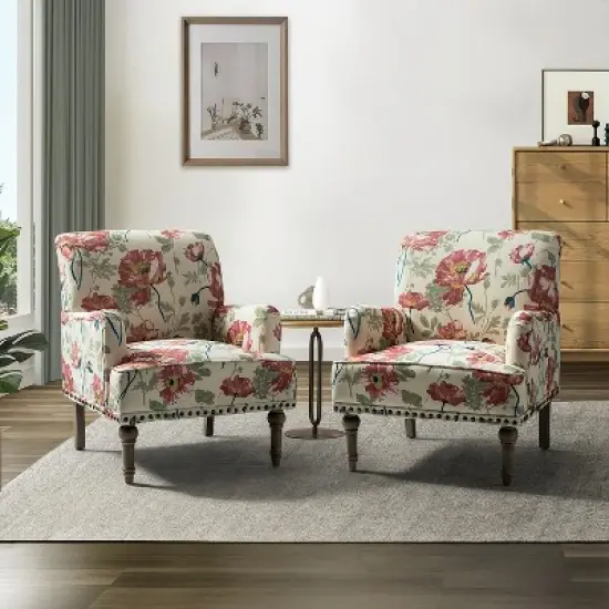 Set of 2 Reggio  Traditional  Wooden Upholstered  Armchair with Floral Patterns and  Nailhead Trim | ARTFUL LIVING DESIGN image {1}