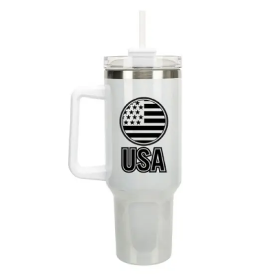 100 North USA American Flag Emblem Wrap-Around 40 Oz. Stainless Steel Water Bottle Coffee Mug, Spill & Leak Resistant, Travel Tumbler with Handle, Lid image {5}