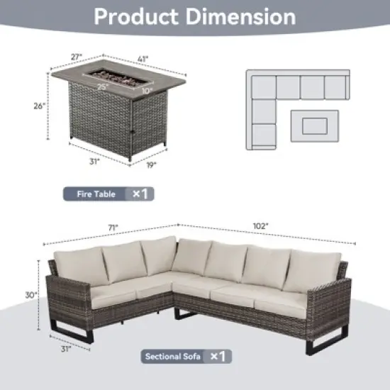 POCASSY All Weather Gray Wicker Outdoor Sectional Sofa with Fire Pit Table, 4PCS Patio Furniture Set with 41" Propane Firepit Table for Outside image {11}
