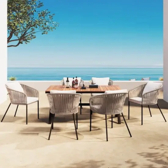 FIONECA 7-Piece Outdoor Patio Dining Set with Acacia Wood Tabletop & Metal Frame, All-Weather Chairs for Garden, Backyard, Balcony &uml;C Beige image {1}
