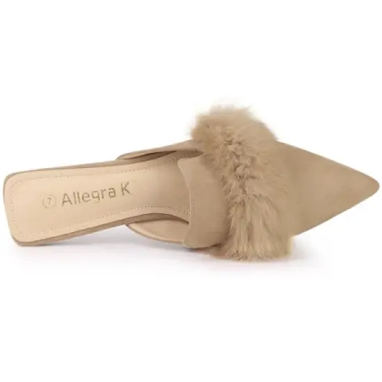 Allegra K Women's Pointed Toe Faux Fur Slip on Flat Slide Mules image {4}