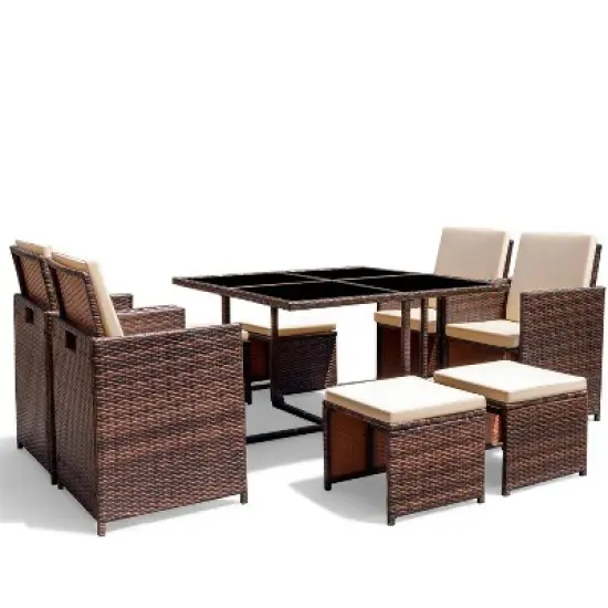 9pc Outdoor Conversation Set with Tempered Glass Table, Cushioned Chairs & Ottomans - Devoko image {7}