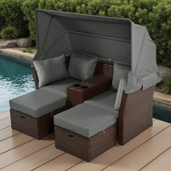 Convertible Outdoor Patio Daybed Loveseat Sofa Set with Retractable Canopy and Central Console image {17}