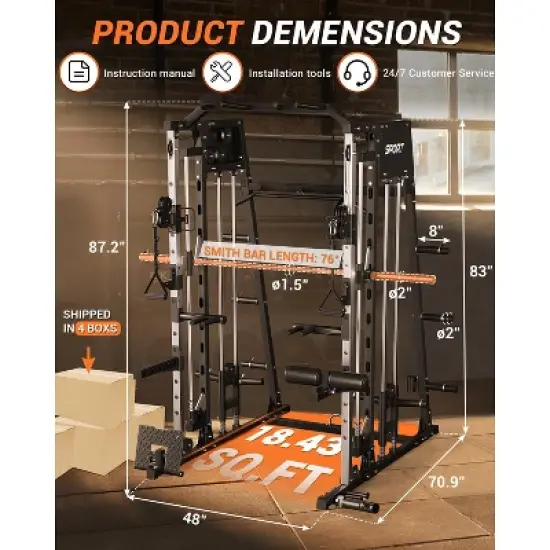 Home Gym All in One, 2200LBS Squat Rack Power Cage with Smith Bar, LAT Pull-Down, Cable Systems, Leg Hold-Down and More Attachments image {3}