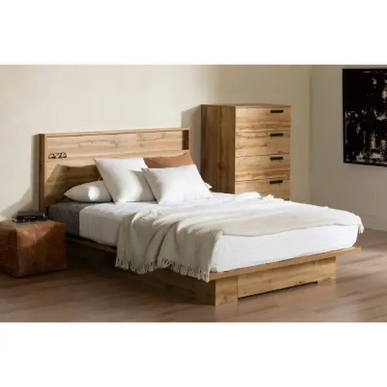 South Shore Full/Queen Platform Bed Nordik Oak: Laminated Particle Board with Built-In Storage Drawer image {1}